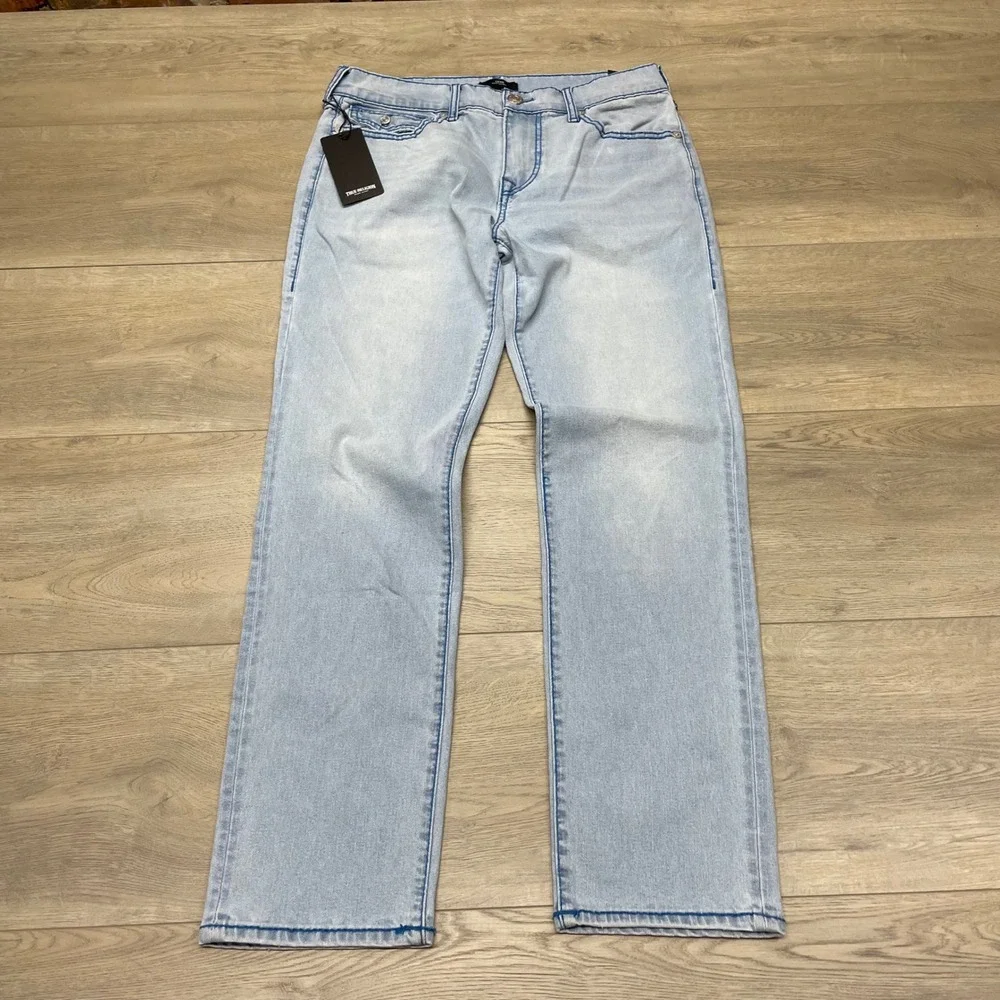 True Religion Geno Big T Flap Slim Jeans Mens 32 Light Blue Distressed 701454